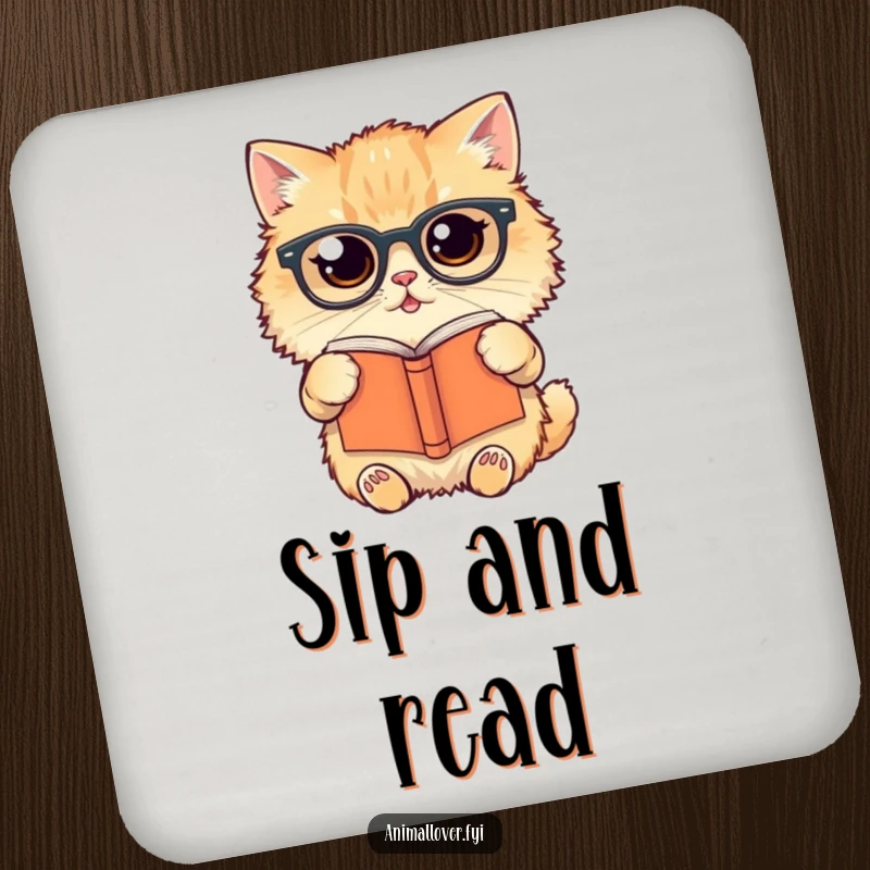Funny Coaster featuring a fluffy cat in glasses holding a book upside down, adding a touch of quirky humor.