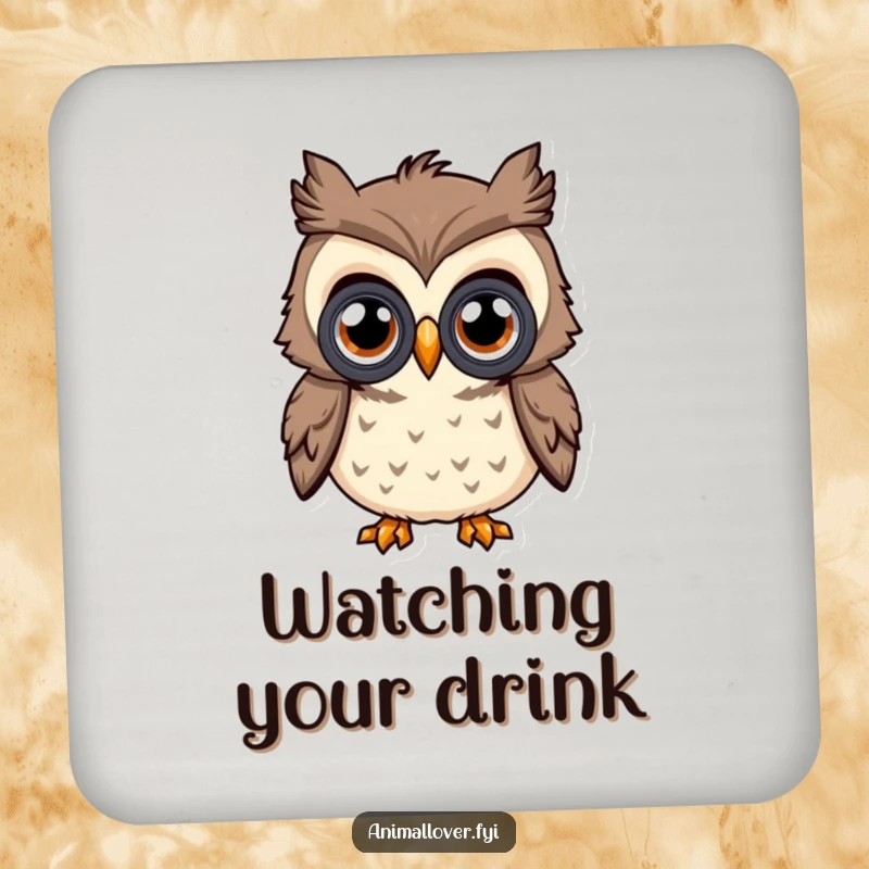 Funny Curious Owl Coasters (Set of 4), featuring an owl with binoculars, adding a humorous and observant touch to table protection.