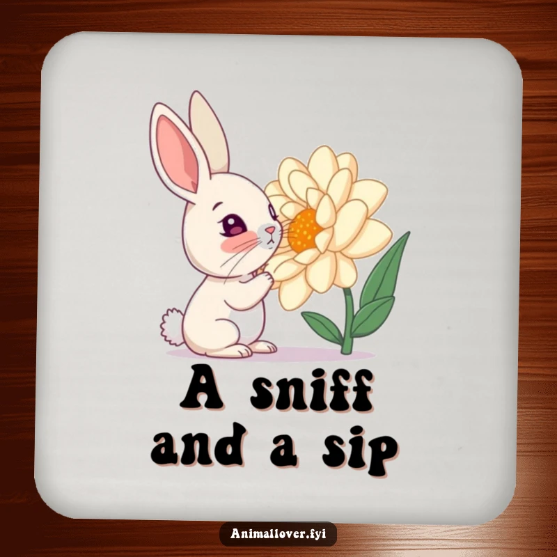 Funny drink coasters depicting a curious rabbit sniffing a giant flower, adding natural humor to surfaces.