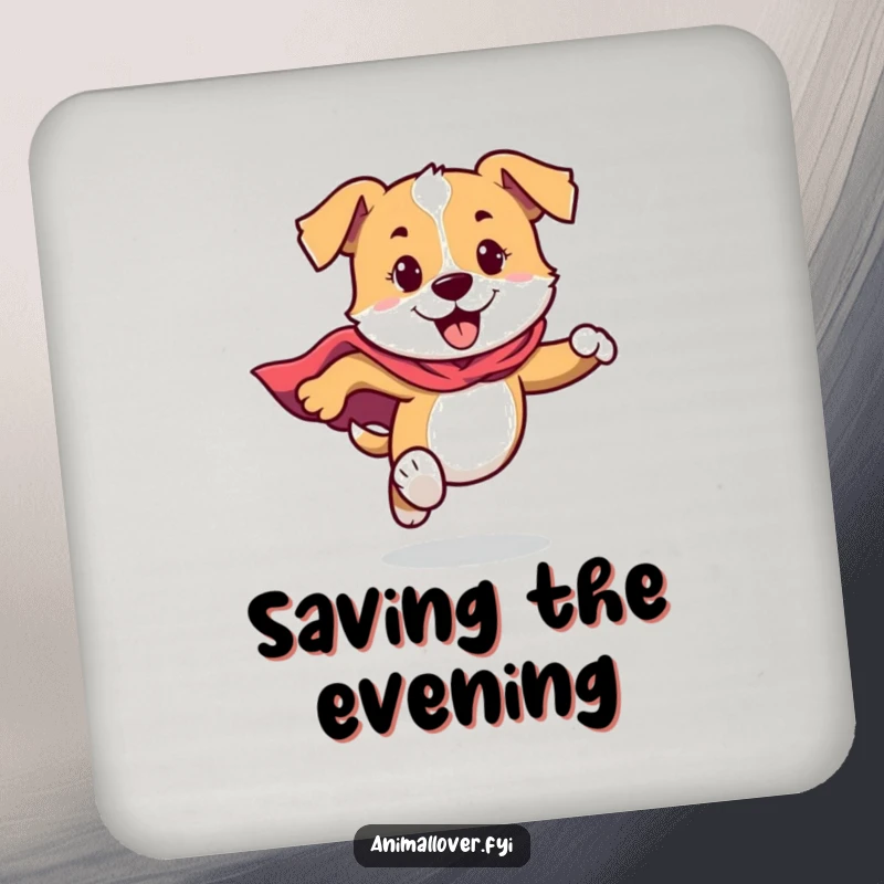 Funny Dog Coaster featuring a dog in a cape running with energy, designed to add charm and protect surfaces.