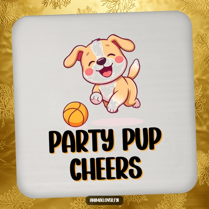 Funny Coaster featuring a playful dog with a wagging tail chasing a bouncing ball, adding a touch of playful energy.
