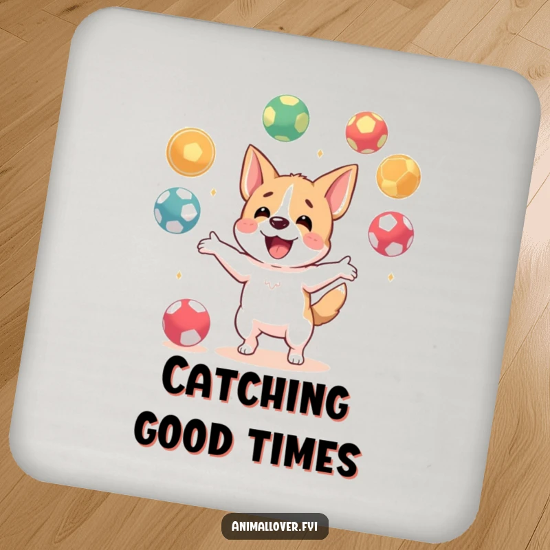Funny drink coaster featuring a happy dog character energetically juggling various balls, adding a touch of playful charm to any surface.