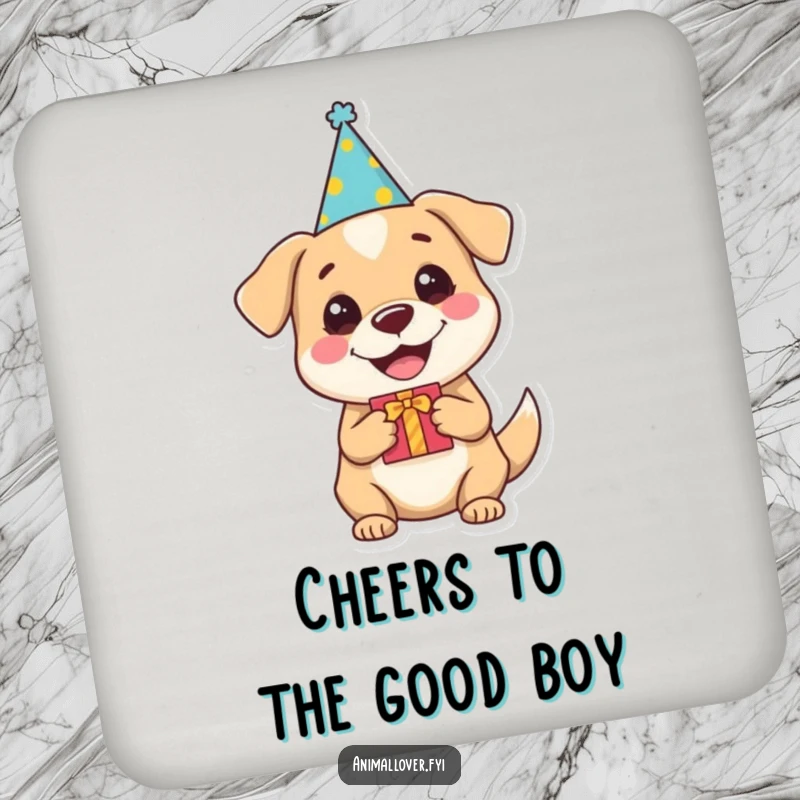 Funny dog coaster featuring a happy dog in a party hat holding a gift, protecting surfaces with a humorous touch.