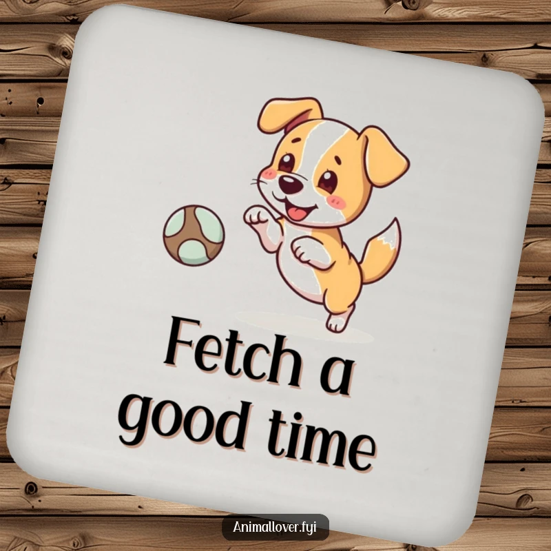 Funny drink coaster featuring a dog character fetching a ball, tail wagging, adding a playful and protective touch to any surface.