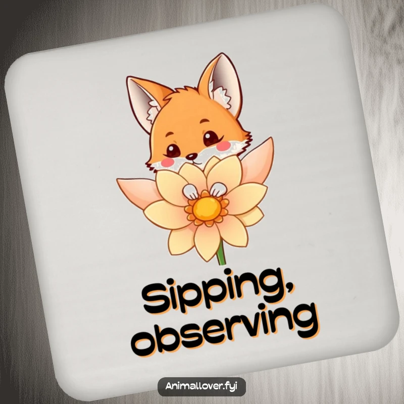 Funny coasters featuring a curious fox peeking from behind a flower, protecting surfaces with playful charm.