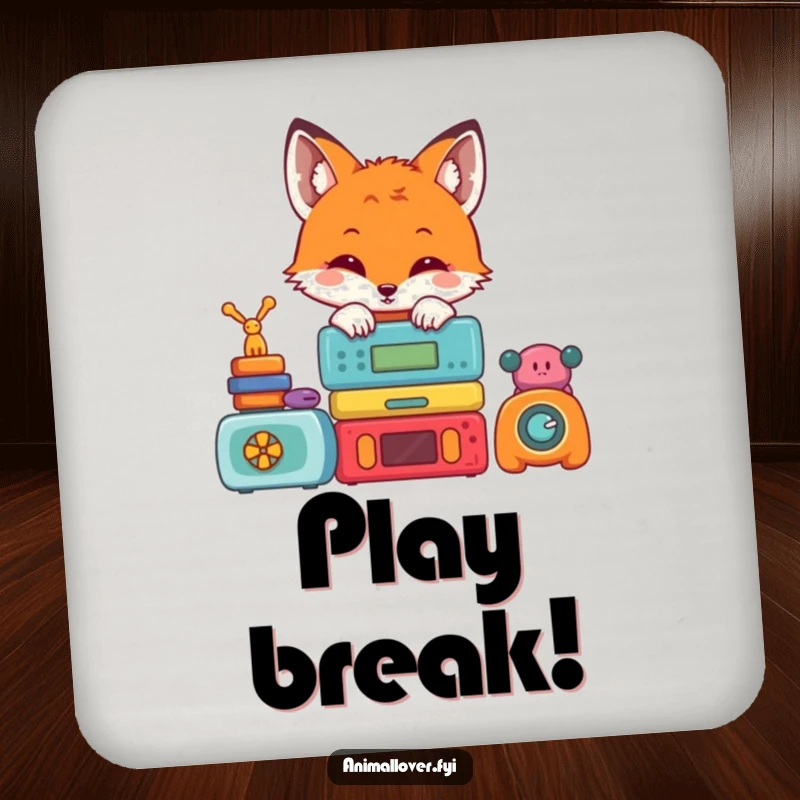 Funny coaster with a cute fox peeking from behind a stack of colorful toys, protecting surfaces with whimsical appeal.