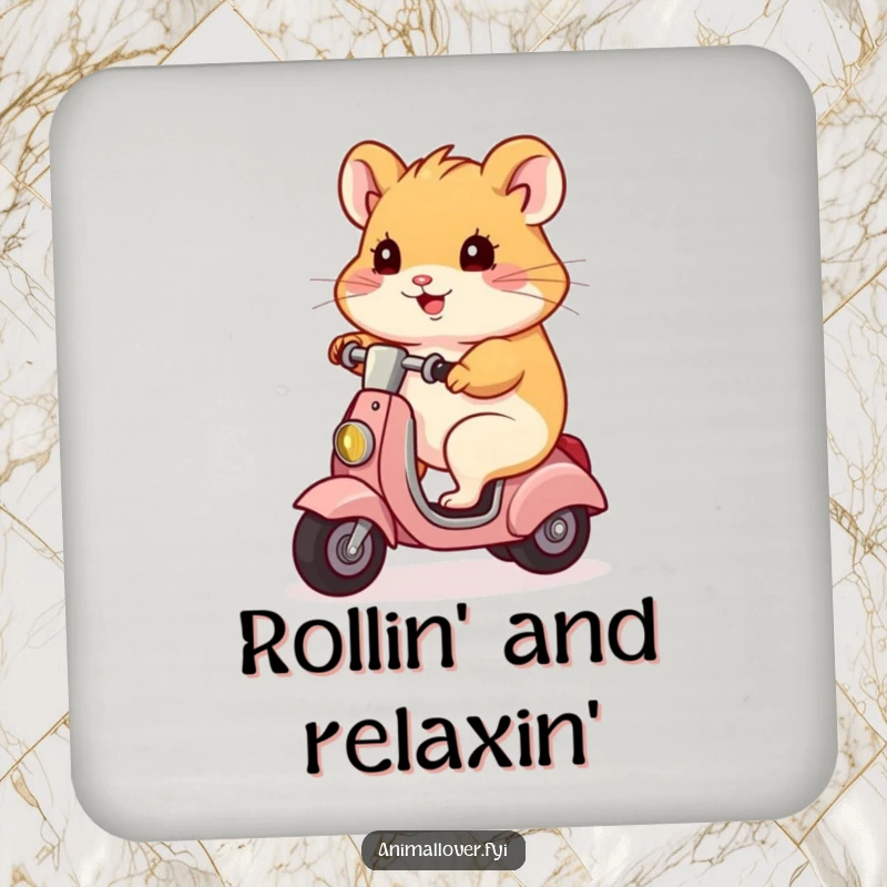 Funny hamster character using a scooter as a coaster holder, protecting surfaces with a smile, a funny home gift.