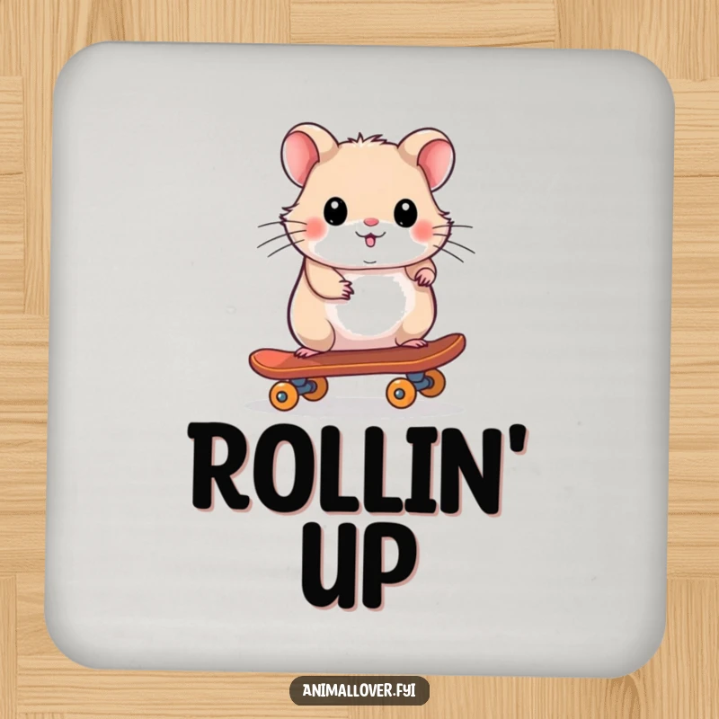 Funny drink coasters featuring a playful hamster riding a tiny skateboard, adding humor to tabletops.