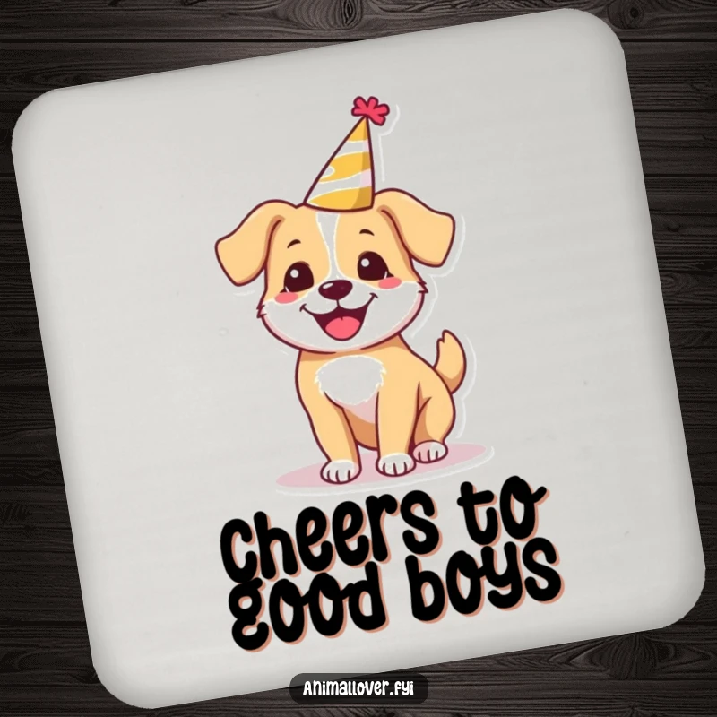 Funny happy dog coaster wearing a tiny party hat, spinning around, a humorous and practical accessory for drinks.