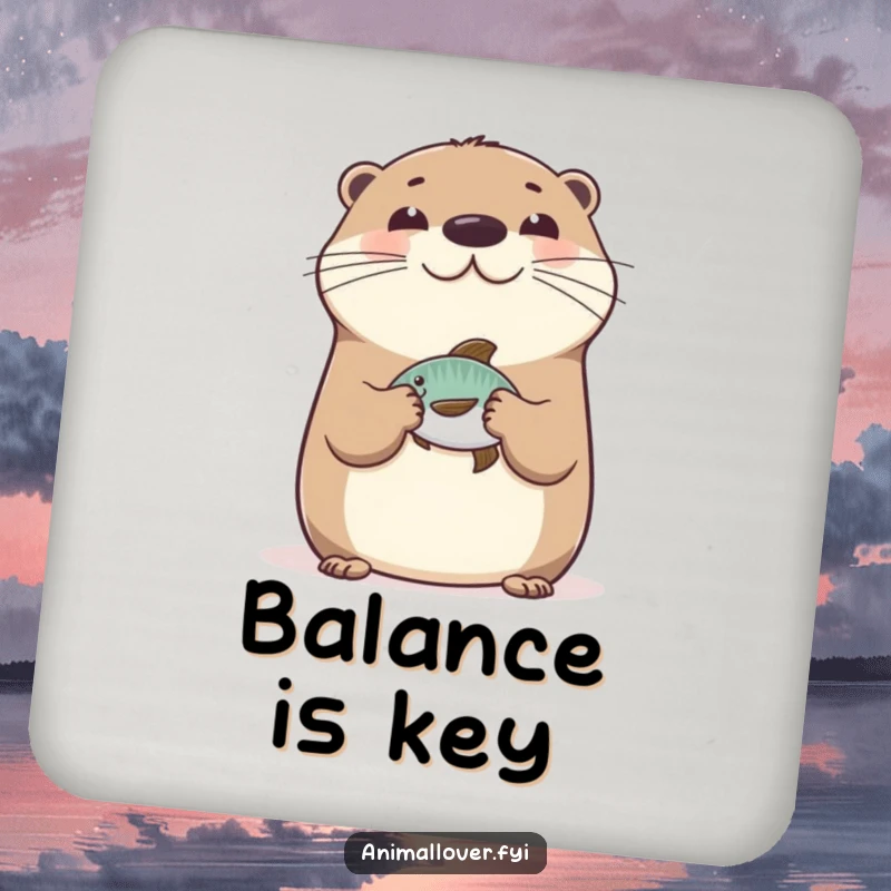 Funny Happy Otter Coasters (Set of 4), featuring a cheerful otter balancing a fish, adding a humorous aquatic touch to table protection.