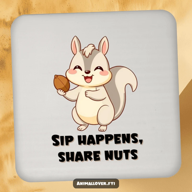 Funny drink coasters depicting a happy squirrel offering a nut with a cheerful smile, adding humor to tables.
