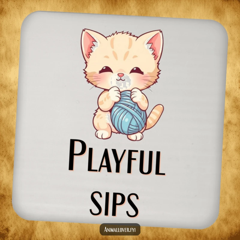 Funny drink coaster featuring a cute kitten batting at a ball of yarn. Adds a touch of whimsical protection for cat fans.