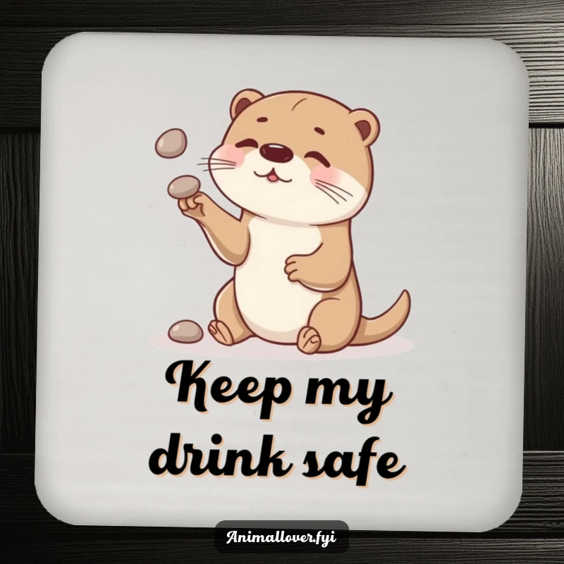 Funny otter drink coasters with a curious otter juggling smooth stones, providing humorous and playful protection for tables.