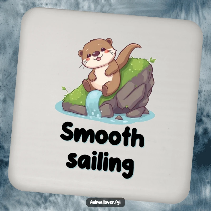 Funny otter drink coaster set featuring playful otters sliding down mossy rocks with glee, protecting surfaces with joy.