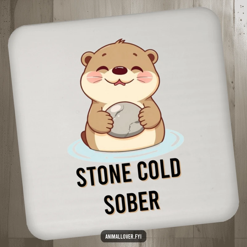 Funny Coasters featuring a smiling otter floating on its back, holding a stone, bringing peaceful humor to any table.