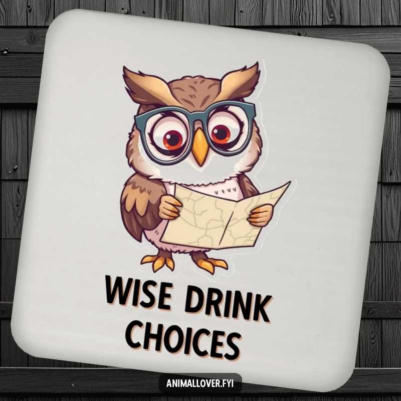 Funny drink coaster with a curious owl wearing spectacles, peering intently at a map.