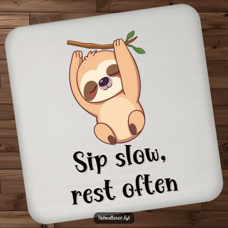 Funny sloth drink coasters with a gently smiling sloth hanging upside down, providing humorous protection for tables and surfaces.