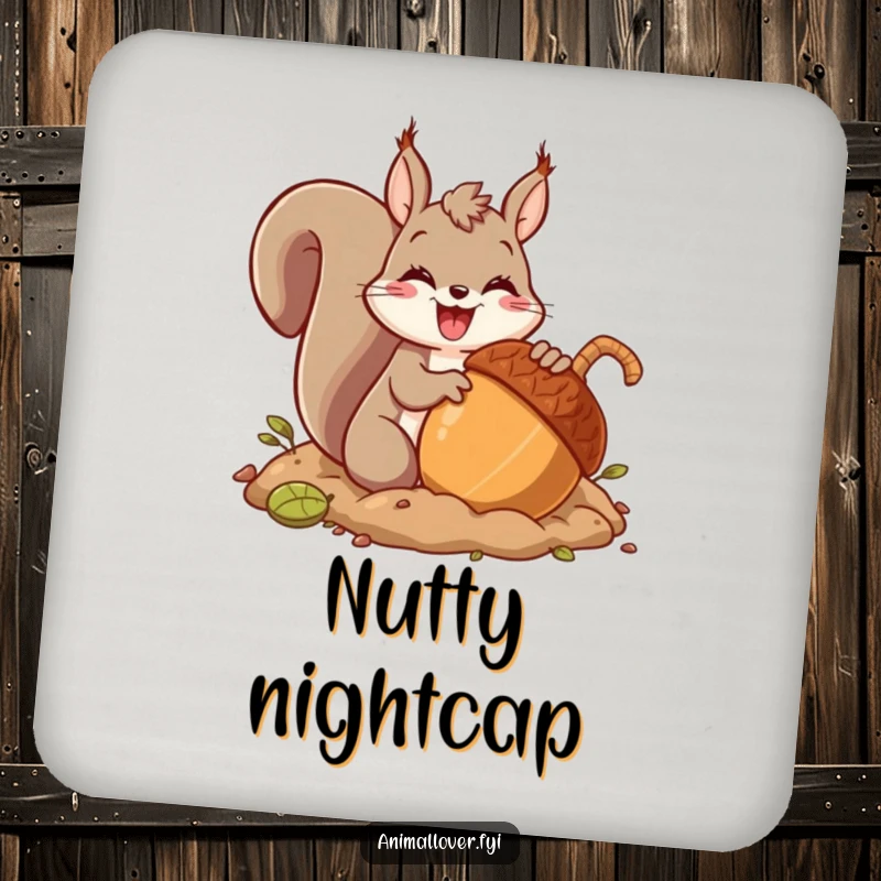 Funny drink coaster featuring an enthusiastic squirrel character burying a giant acorn, adding nutty humor to any surface.