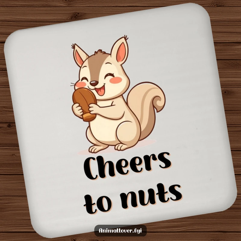 Funny squirrel drink coaster set featuring cheerful squirrels holding nuts and giving thumbs up, protecting surfaces with joy.