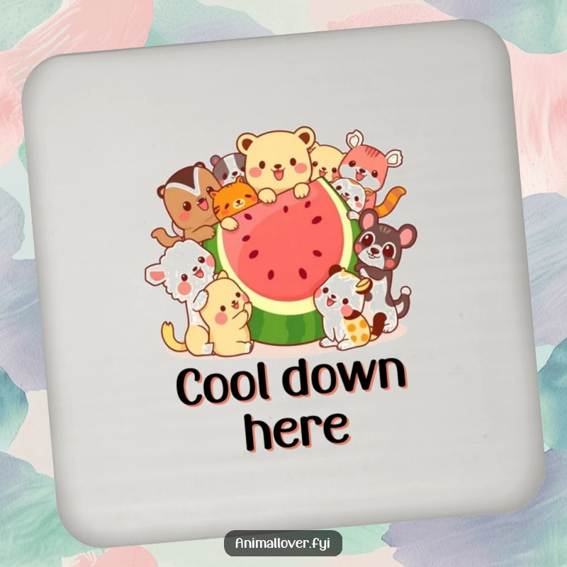 Funny drink coaster showcasing a cheerful illustration of various animals enjoying a giant watermelon slice, offering both protection and humor.