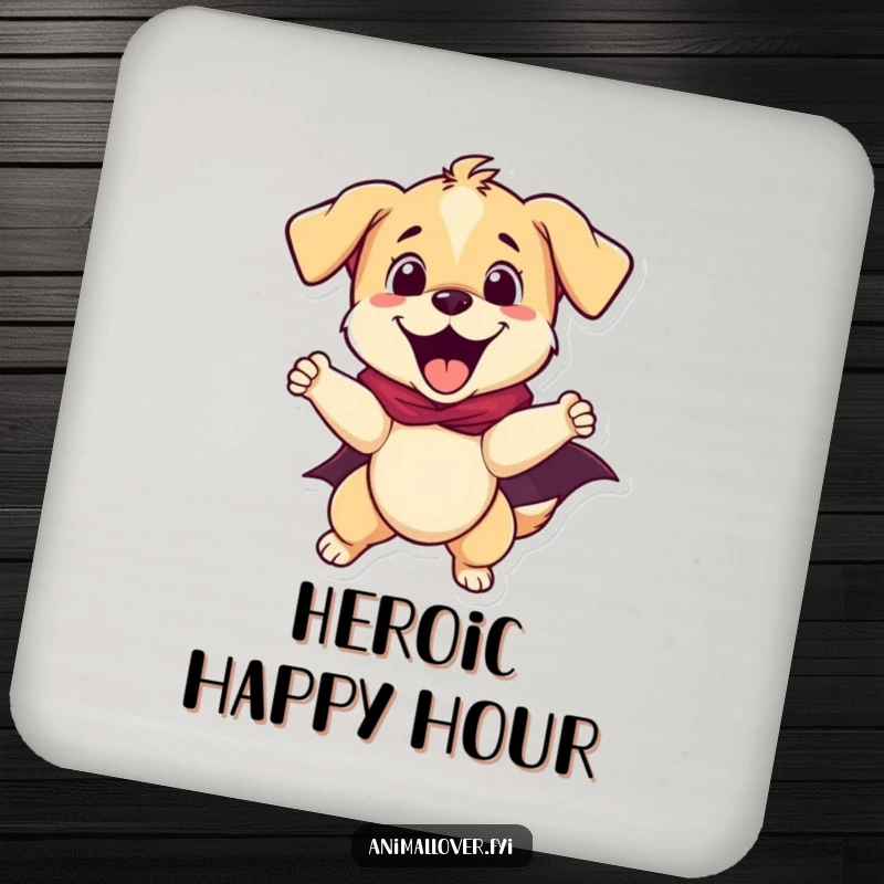 Funny puppy superhero using coasters to protect a table, a protective and funny gift for any home.