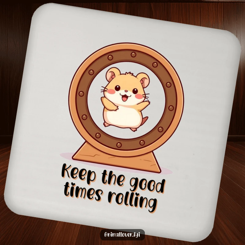 Funny Hamster Coaster featuring a hamster's vigorous wheel-running, designed to bring a smile while protecting surfaces.