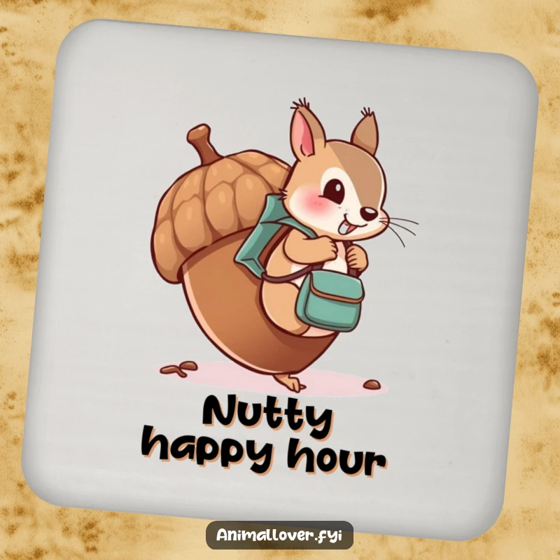 Funny drink coaster with a cheeky squirrel wearing a tiny backpack, climbing an oversized acorn.