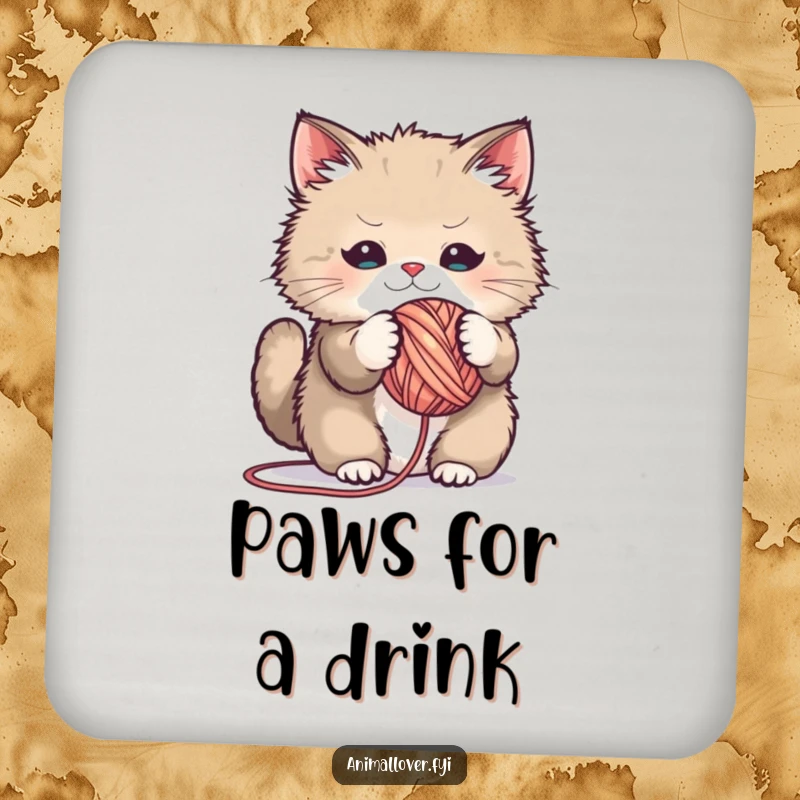 Funny drink coasters featuring a fluffy cat playing with a ball of yarn, protecting surfaces with humor.