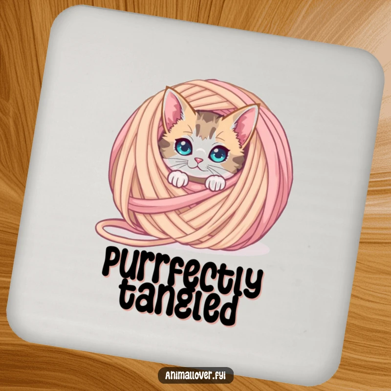 Funny curious cat coaster peeking from behind an oversized ball of yarn, a humorous and practical accessory for drinks.