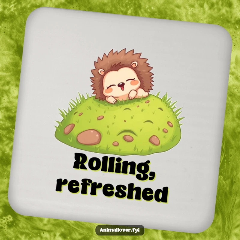 Funny coasters featuring a happy hedgehog rolling down a grassy hill with eyes closed, protecting surfaces with carefree charm.