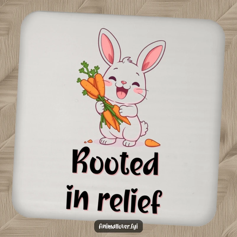 Funny drink coaster featuring an excited rabbit character clutching a bouquet of carrots like precious treasure, adding humor to any surface.