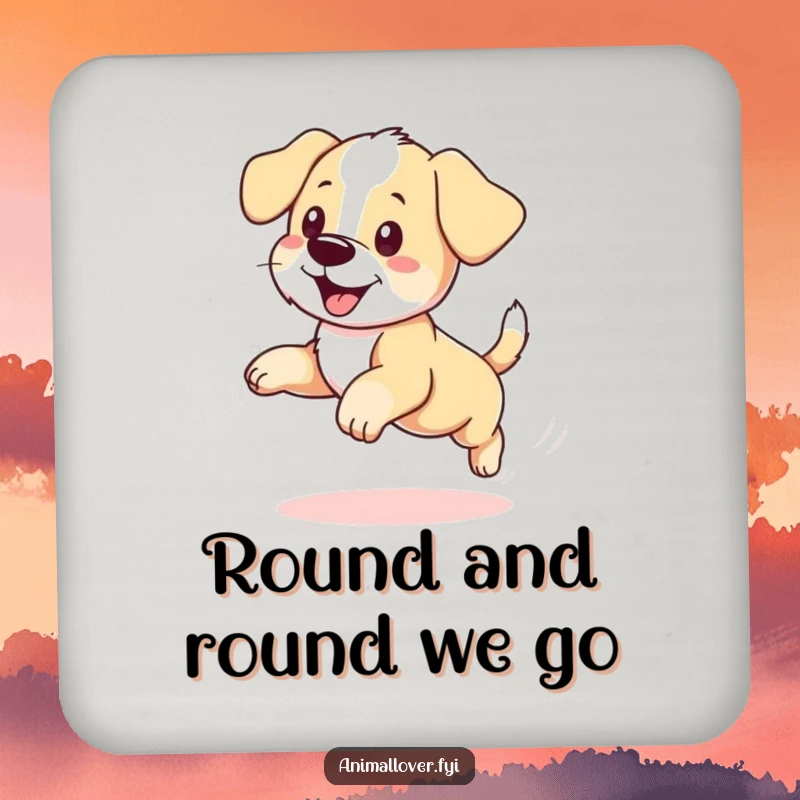 Funny puppy drink coaster showcasing a dog's comical attempt to catch its own tail, protecting surfaces with humor.