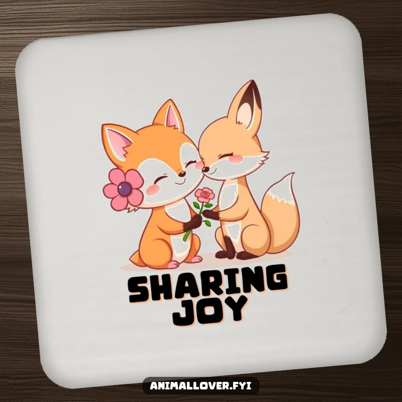 Funny drink coasters featuring a smiling fox offering a flower to another animal, adding charm to tabletops.