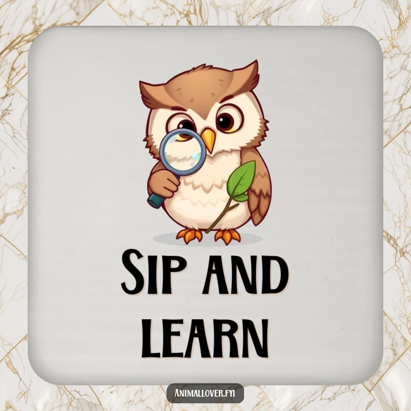 Funny owl coasters featuring a curious owl with a magnifying glass examining a leaf, designed to protect tables with scholarly humor.