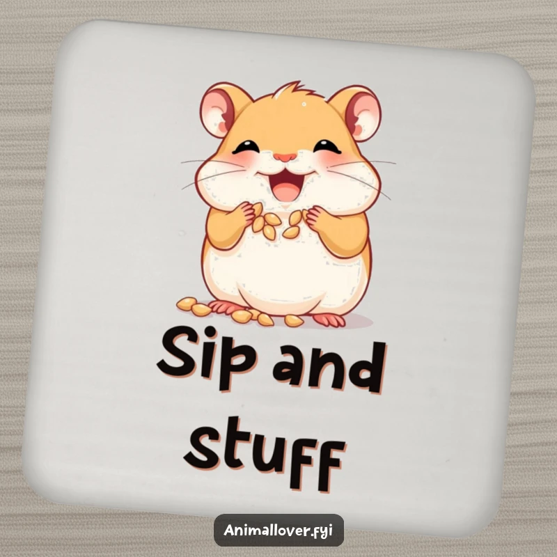 Funny joyful hamster coaster stuffing its cheeks with tiny seeds, a humorous and practical accessory for drinks.