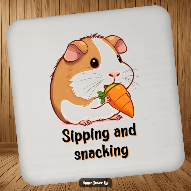 Funny contented guinea pig nibbling a miniature carrot on a drink coaster, safeguarding surfaces with a cute and humorous design.