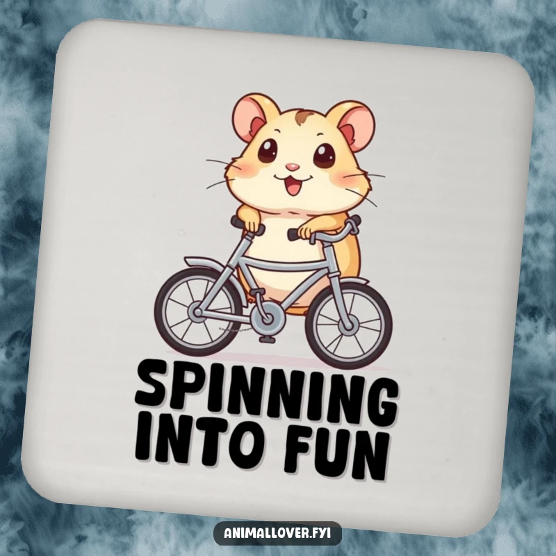 Funny Coasters featuring an excited hamster riding a miniature bicycle, bringing cheerful energy to any tabletop.