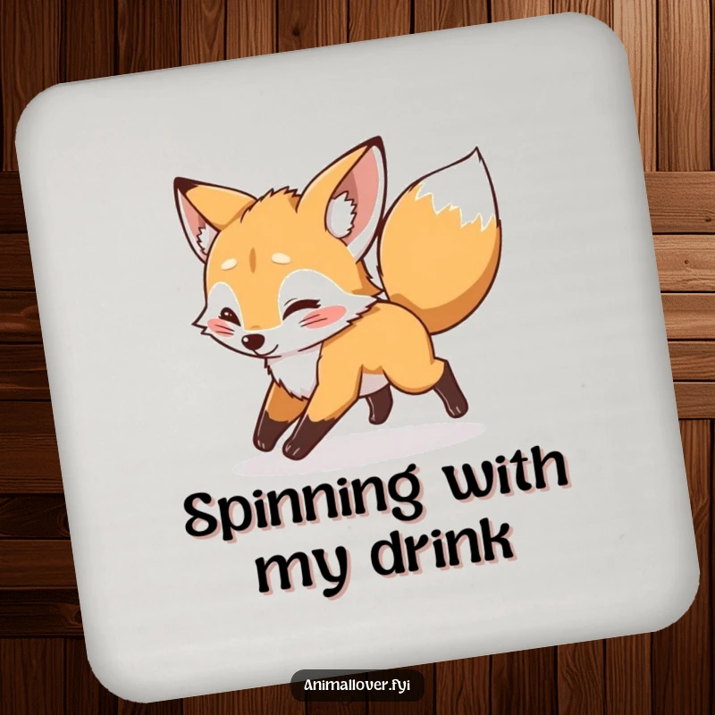 Funny mischievous fox cub chasing its tail on a drink coaster, safeguarding surfaces with a playful and humorous design.