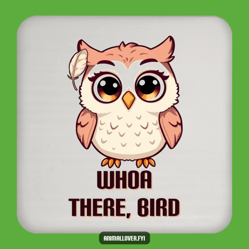 Funny Surprised Owl Coaster: Big Eyes Startled by Feather, Drink Gift