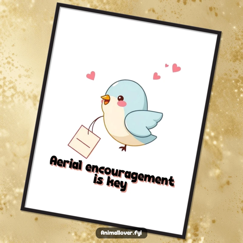 Funny bird poster print of a bird dropping a small, heartfelt note from the sky, adding whimsical charm to any room.