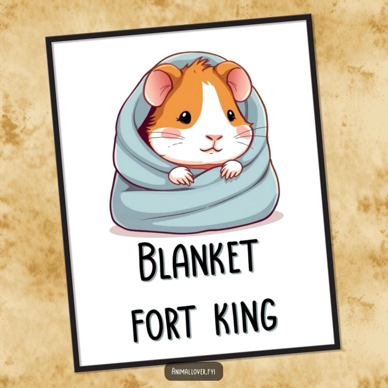 Funny poster featuring a deeply relaxed guinea pig snuggled in a soft blanket, creating a serene and cute atmosphere.