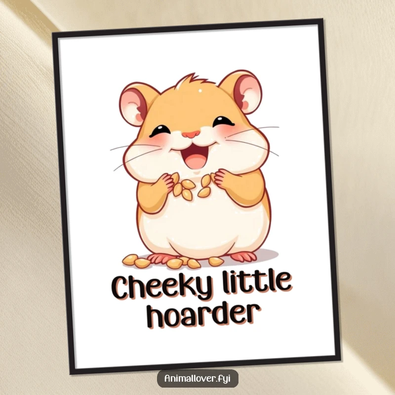 Funny joyful hamster poster stuffing its cheeks with tiny seeds, a charming and humorous piece of wall art.