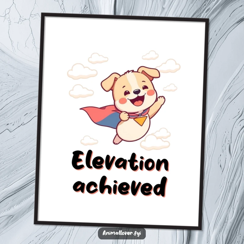 Funny poster art of a jubilant dog in a cape soaring gracefully amidst the clouds, a true hero.