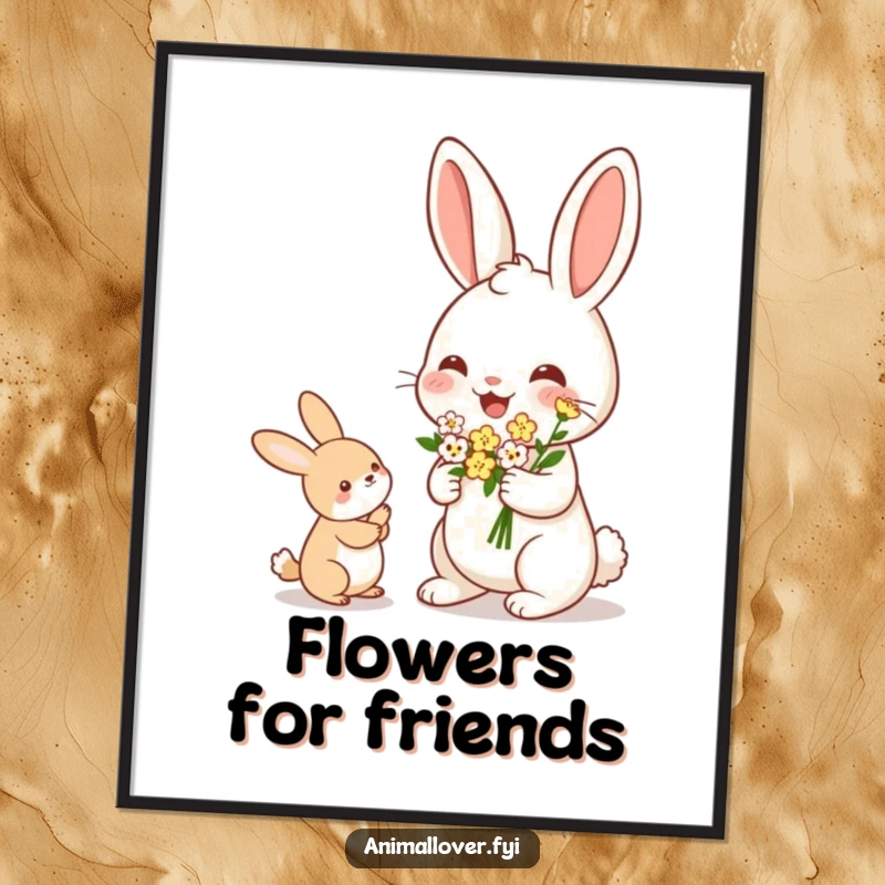 Funny Rabbit Poster: A heartwarming print of a cheerful rabbit offering a delicate bouquet of tiny flowers to a friend.