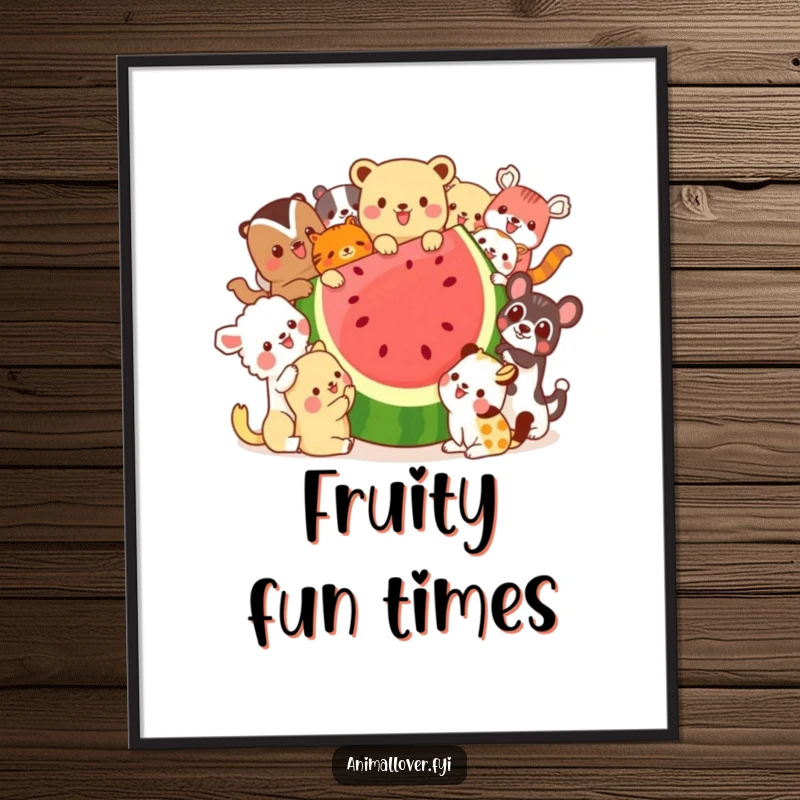 Funny poster showcasing a lively gathering of diverse animals enthusiastically sharing a giant watermelon slice, capturing a moment of pure, unadulterated fun.