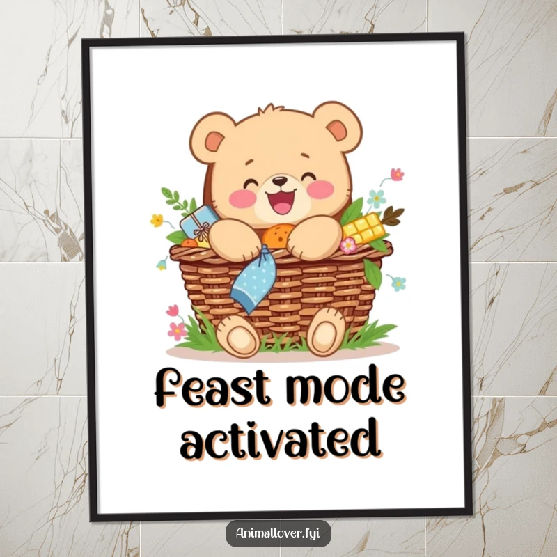 Funny poster art of a joyful bear cub hugging a picnic basket overflowing with food, symbolizing happiness.