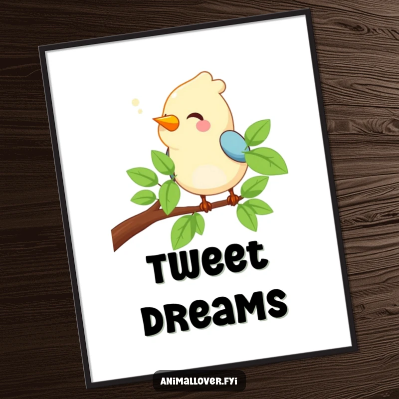 Funny Bird Poster illustrating a happy bird perched on a branch, joyfully chirping a sweet, uplifting melody.