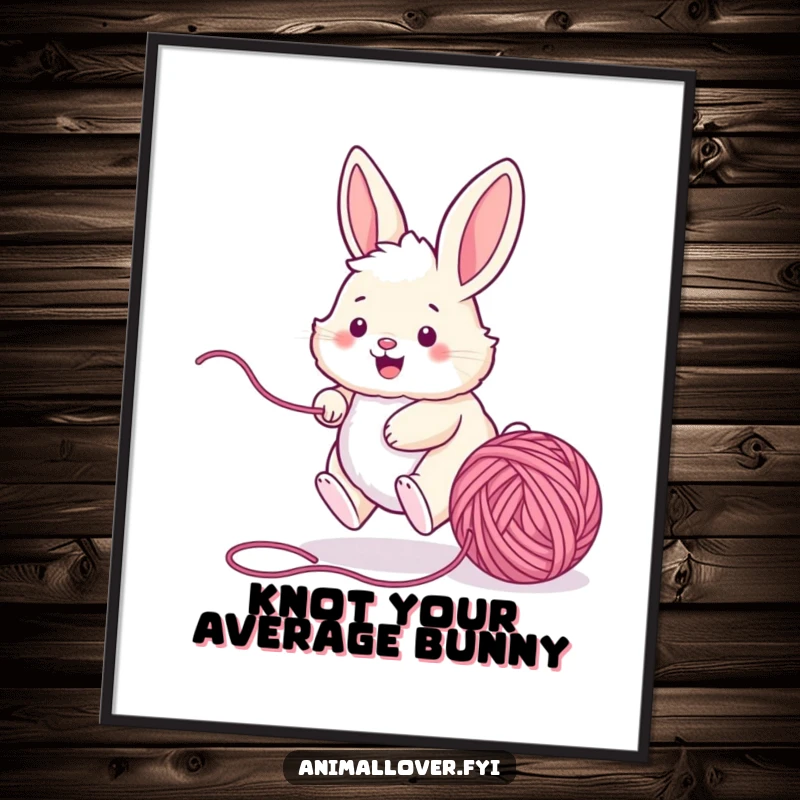 Funny bunny poster art of a fluffy rabbit actively chasing a ball of yarn, conveying a sense of playful movement and cheerful abandon.