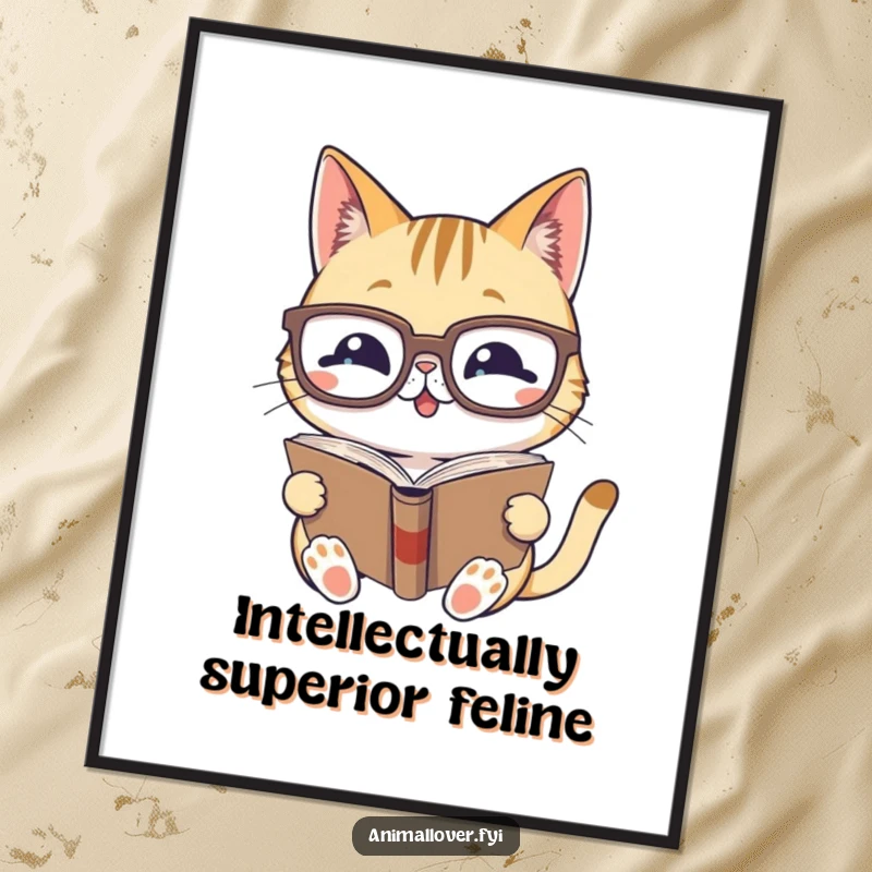 Funny poster featuring a gleeful cat with oversized glasses, absorbed in reading a book, adding humor to decor.