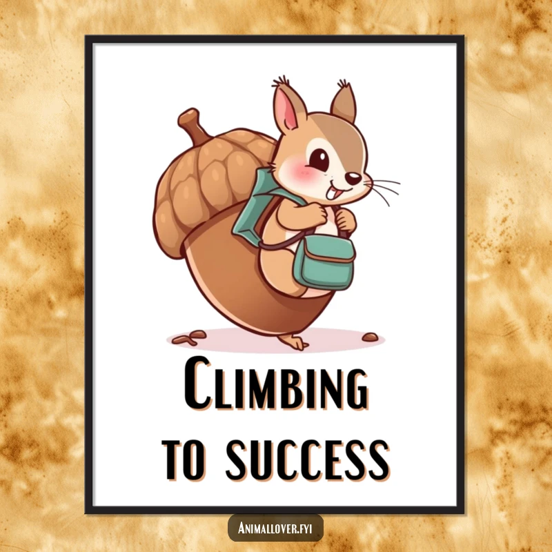 Funny poster art of a cheeky squirrel with a tiny backpack, climbing an oversized acorn.